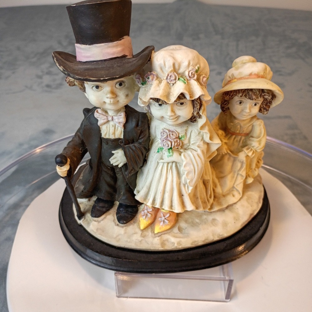 Vintage Wedding Figurine Groom Bride Flower Girl Resin Sculpture Victorian Style